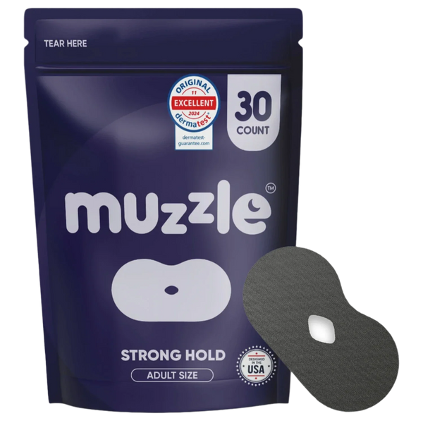 Muzzle Breathe-Safe extra-strength mouth tape packaging for adult snoring prevention