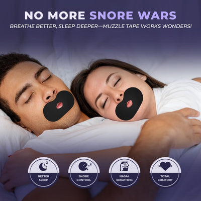 Diagram highlighting snoring reduction and quiet sleep benefits of Muzzle strong hold tape