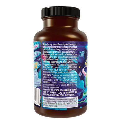 Nighttime sleep support bottle of Hippie Farms Peace, Love & ZZZs on bedside table