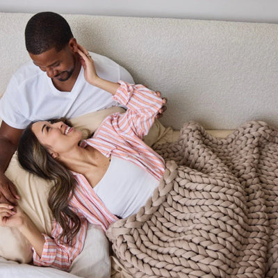 Nuzzie Ice Knit cooling weighted blanket crafted with bamboo-derived viscose in coastal sand
