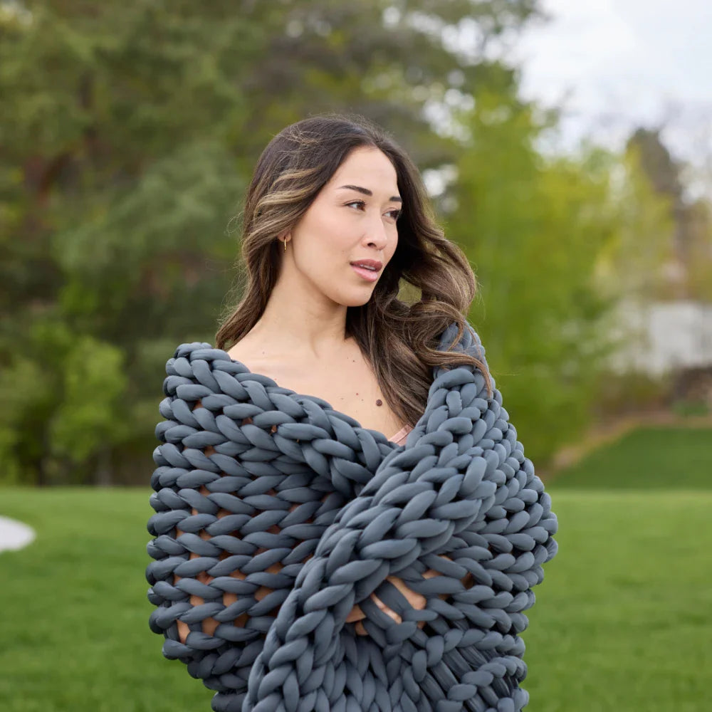 Nuzzie Ice Knit Weighted Blanket - Northern Grey and Rested Female