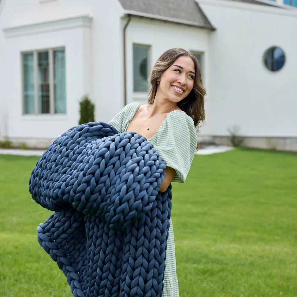 Nuzzie Ice Knit Weighted Blanket - Pacific Blue and Happy, Rested Female