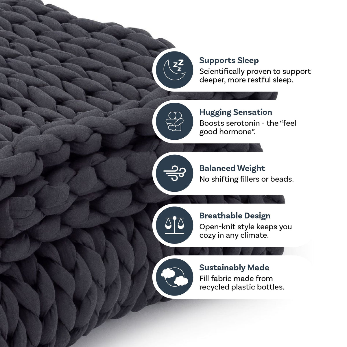 Graphic highlighting breathable open-loop weave and even weight distribution of Nuzzie blanket