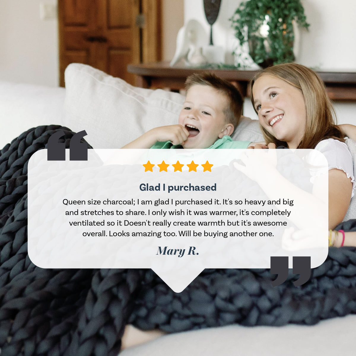 Customer testimonial praising soothing pressure and cooling comfort of Nuzzie weighted blanket