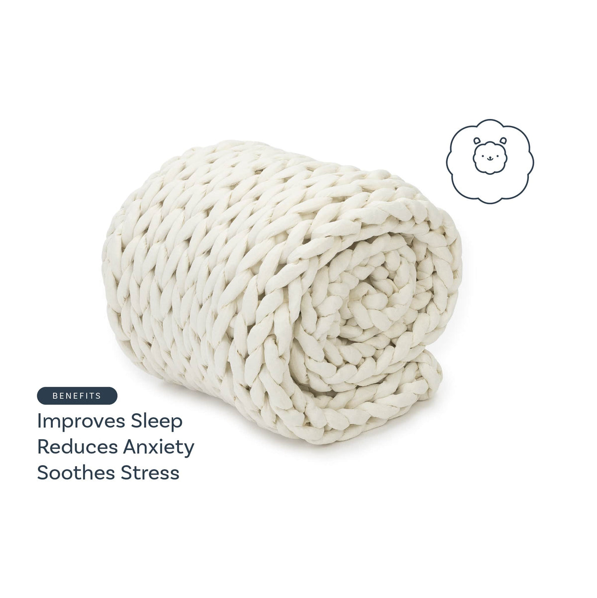 Nuzzie knit weighted blanket in Cream, benefits graphic