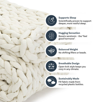 Nuzzie knit weighted blanket in Cream, features graphic