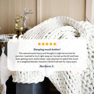 Nuzzie knit weighted blanket in Cream, customer testimonial graphic