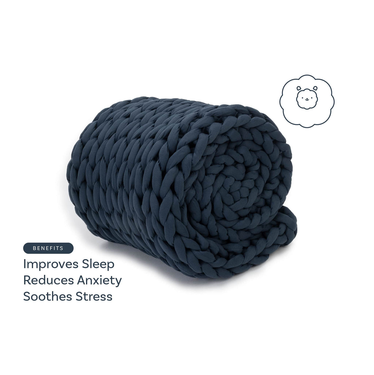 Nuzzie knit weighted blanket in Dusty Blue, benefits graphic