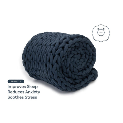Nuzzie knit weighted blanket in Dusty Blue, benefits graphic
