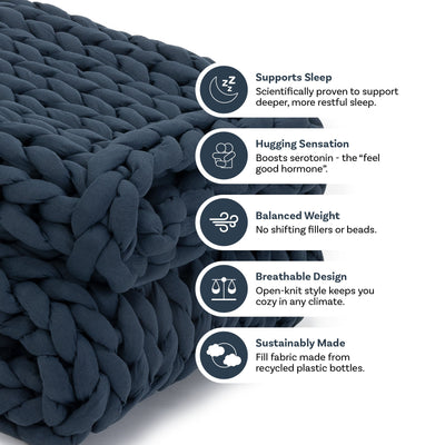 Nuzzie knit weighted blanket in Dusty Blue, features graphic