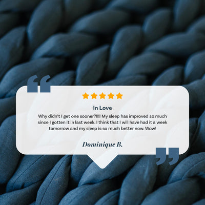 Nuzzie knit weighted blanket in Dusty Blue, customer testimonial graphic