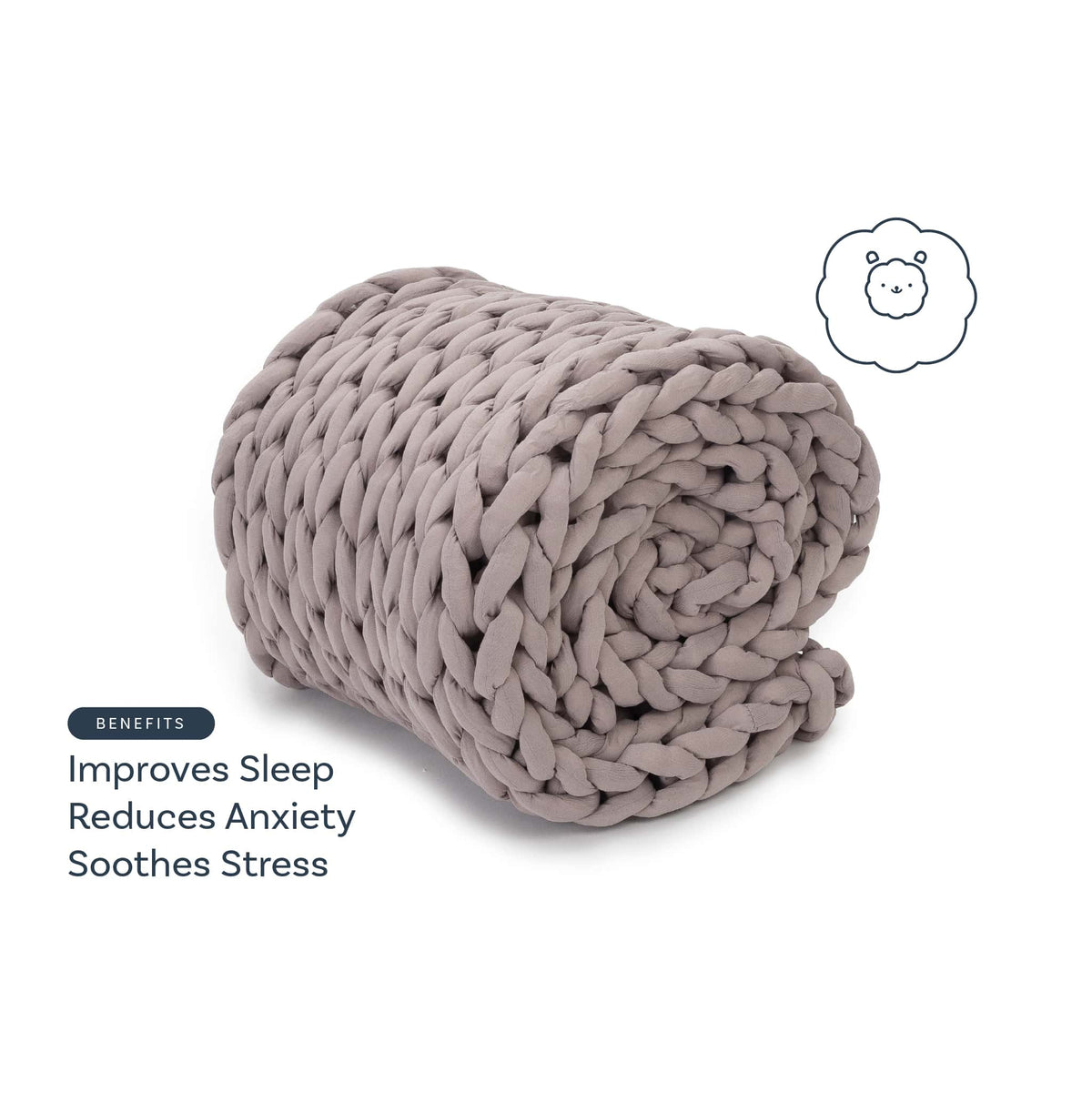 Nuzzie knit weighted blanket in Dusty Rose, benefits graphic