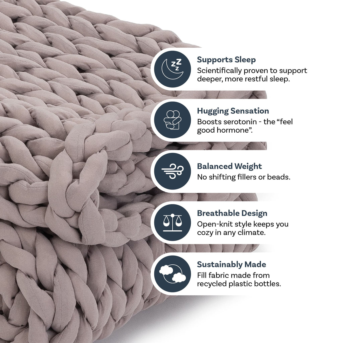 Nuzzie knit weighted blanket in Dusty Rose, features graphic