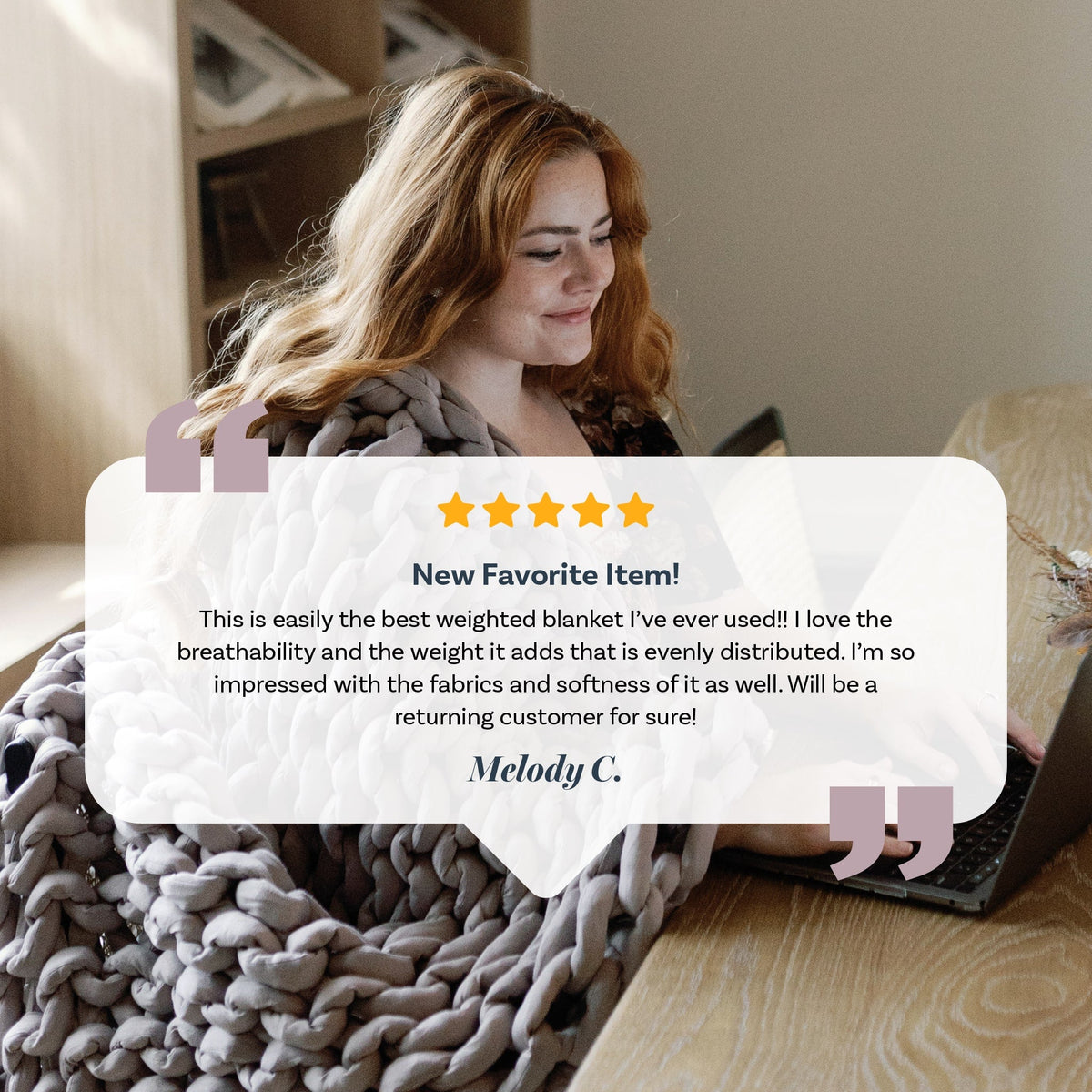 Nuzzie knit weighted blanket in Dusty Rose, customer testimonial graphic
