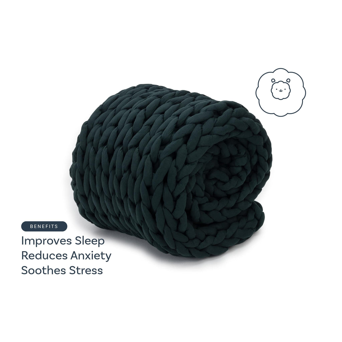 Nuzzie knit weighted blanket in Forest Green, benefits graphic