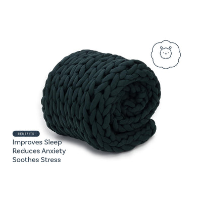 Nuzzie knit weighted blanket in Forest Green, benefits graphic