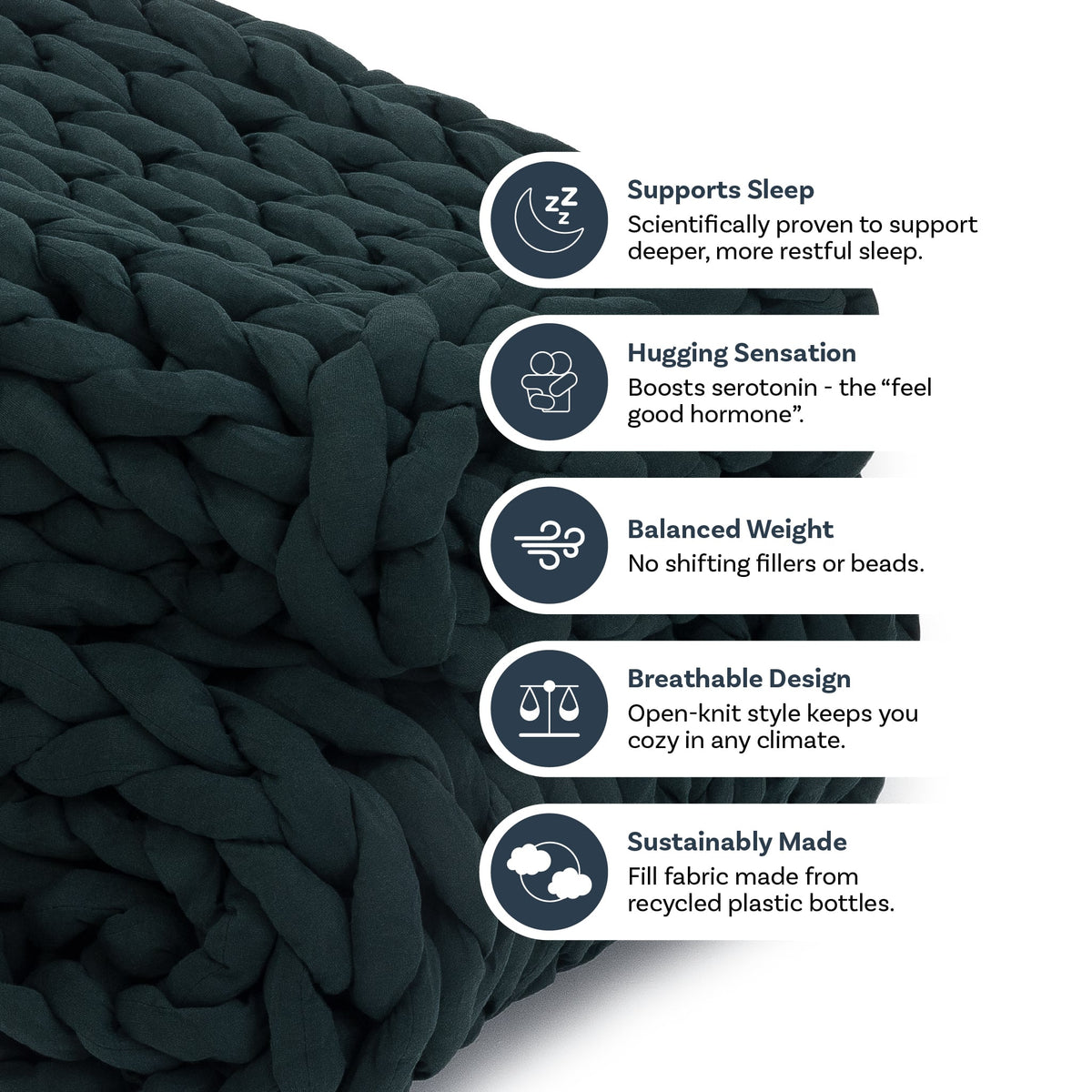 Nuzzie knit weighted blanket in Forest Green, features graphic