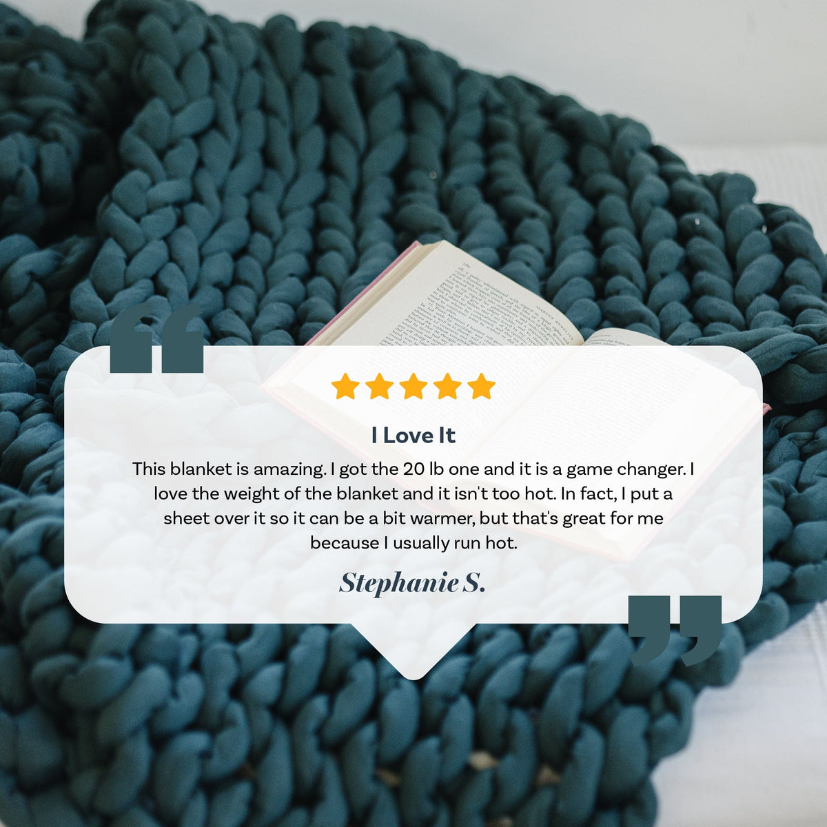 Nuzzie knit weighted blanket in Forest Green, customer testimonial graphic