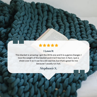 Nuzzie knit weighted blanket in Forest Green, customer testimonial graphic