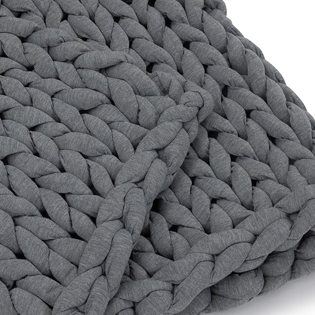 Close-up texture of soft jersey knit yarn on Nuzzie heather gray weighted blanket