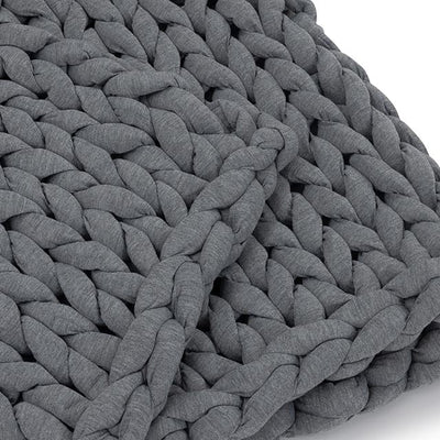 Close-up texture of soft jersey knit yarn on Nuzzie heather gray weighted blanket