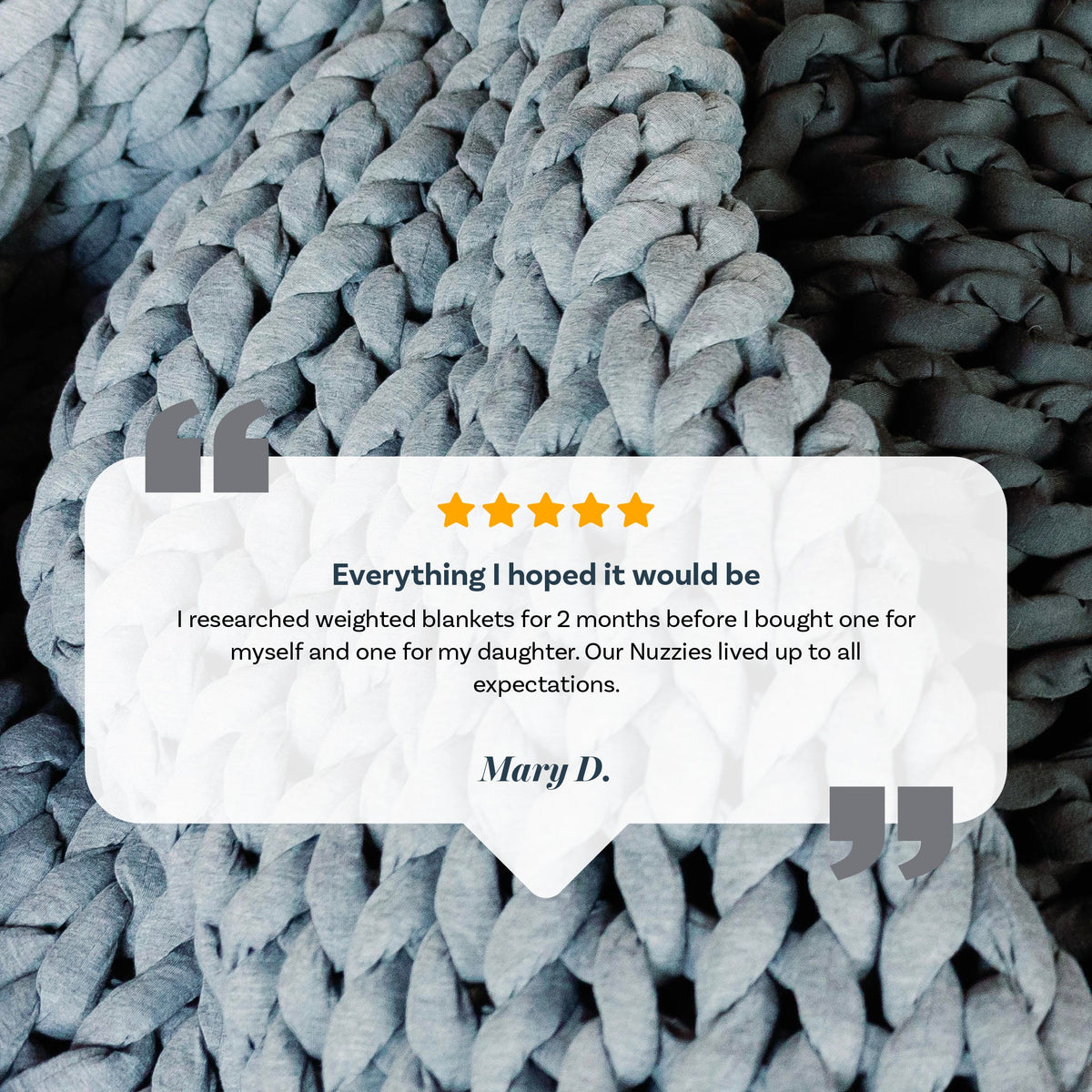 Customer review sharing improved sleep onset and reduced anxiety with Nuzzie weighted blanket