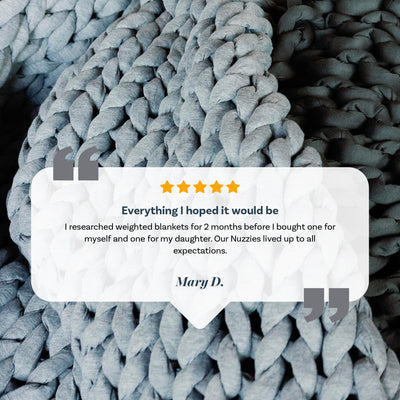 Customer review sharing improved sleep onset and reduced anxiety with Nuzzie weighted blanket
