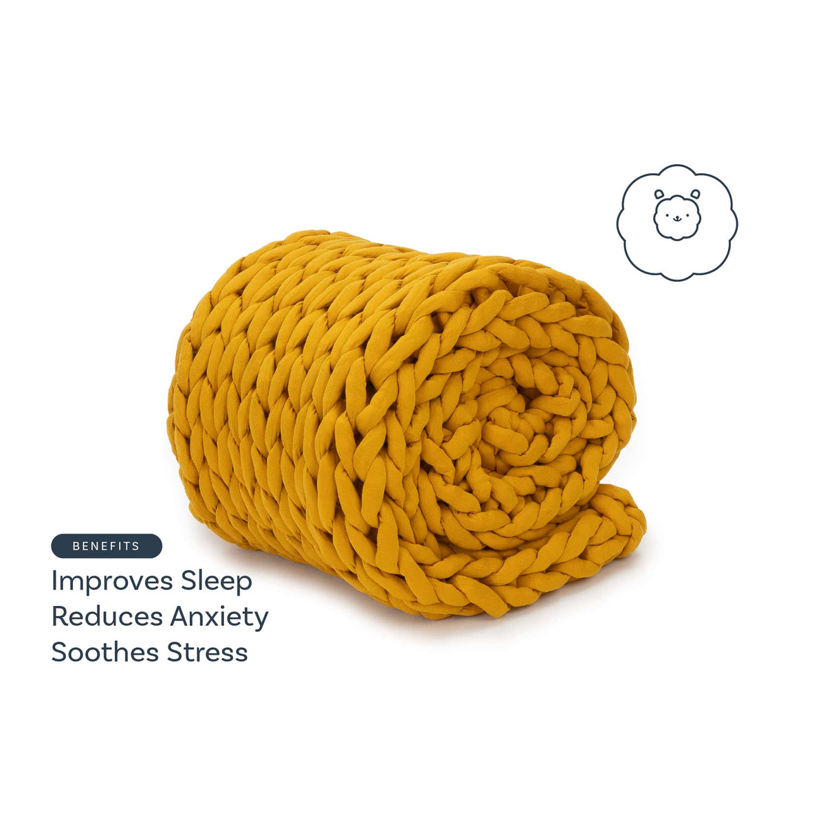 Nuzzie knit weighted blanket in Marigold, benefits graphic