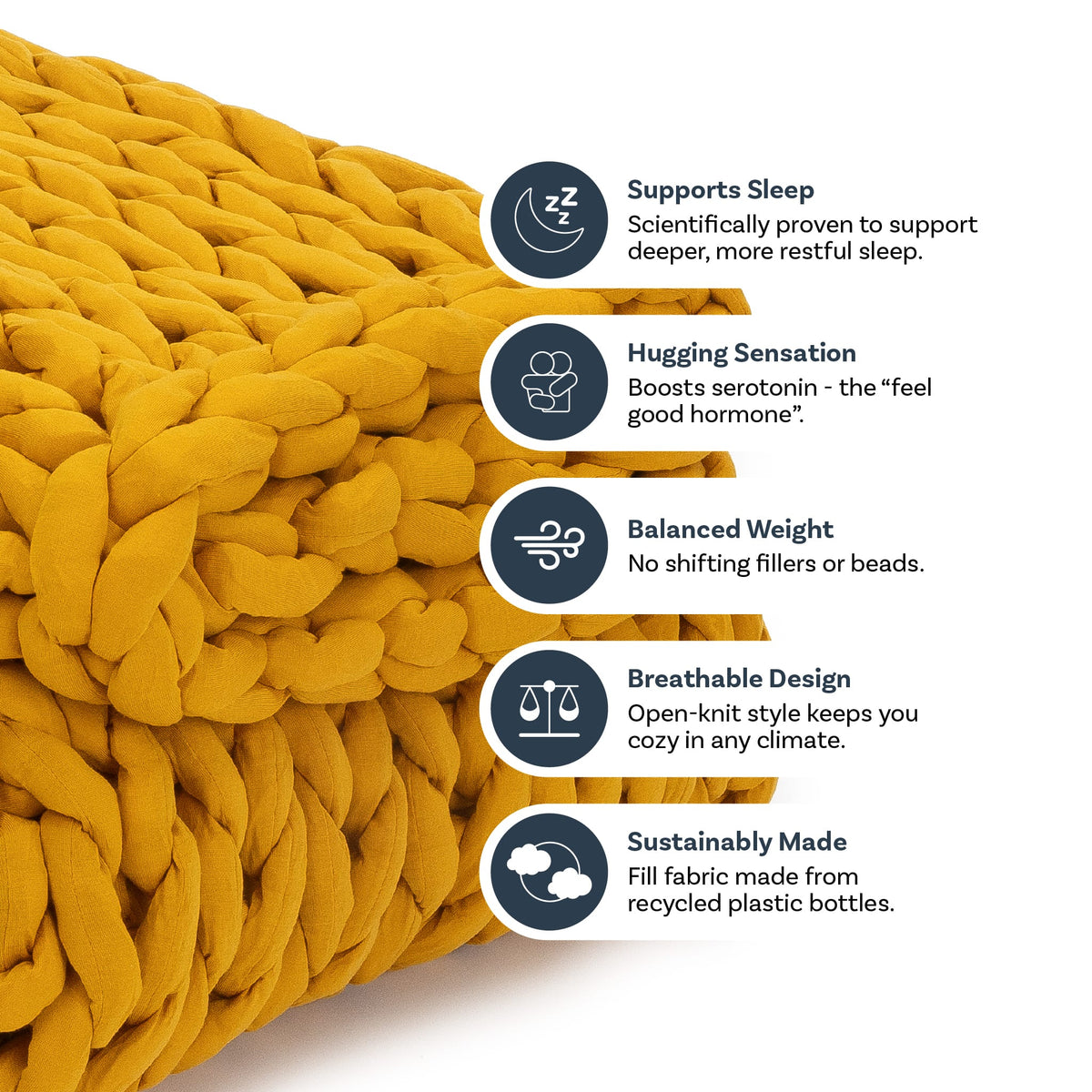 Nuzzie knit weighted blanket in Marigold, features graphic