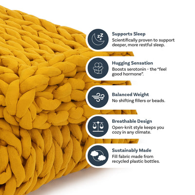 Nuzzie knit weighted blanket in Marigold, features graphic