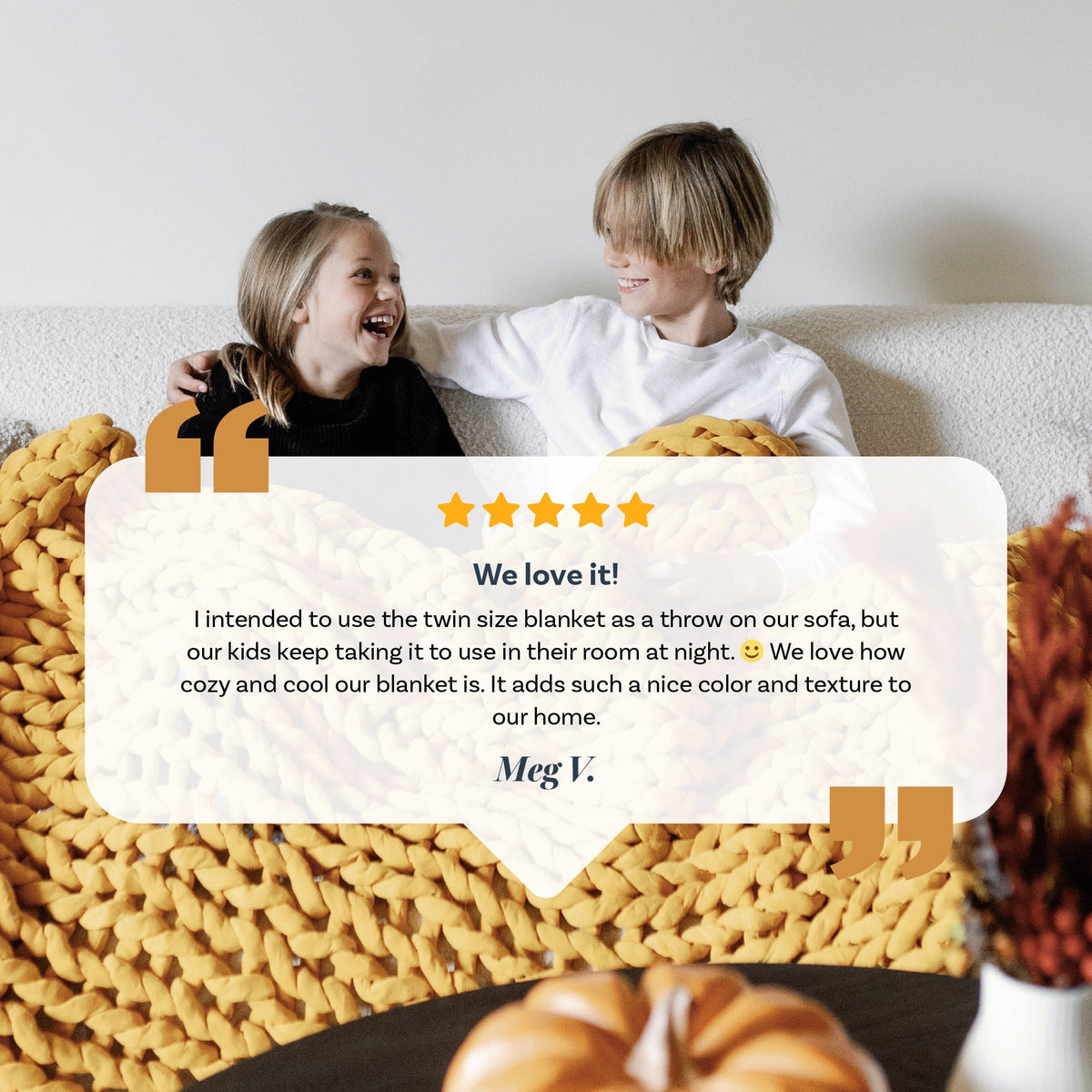 Nuzzie knit weighted blanket in Marigold, customer testimonial graphic