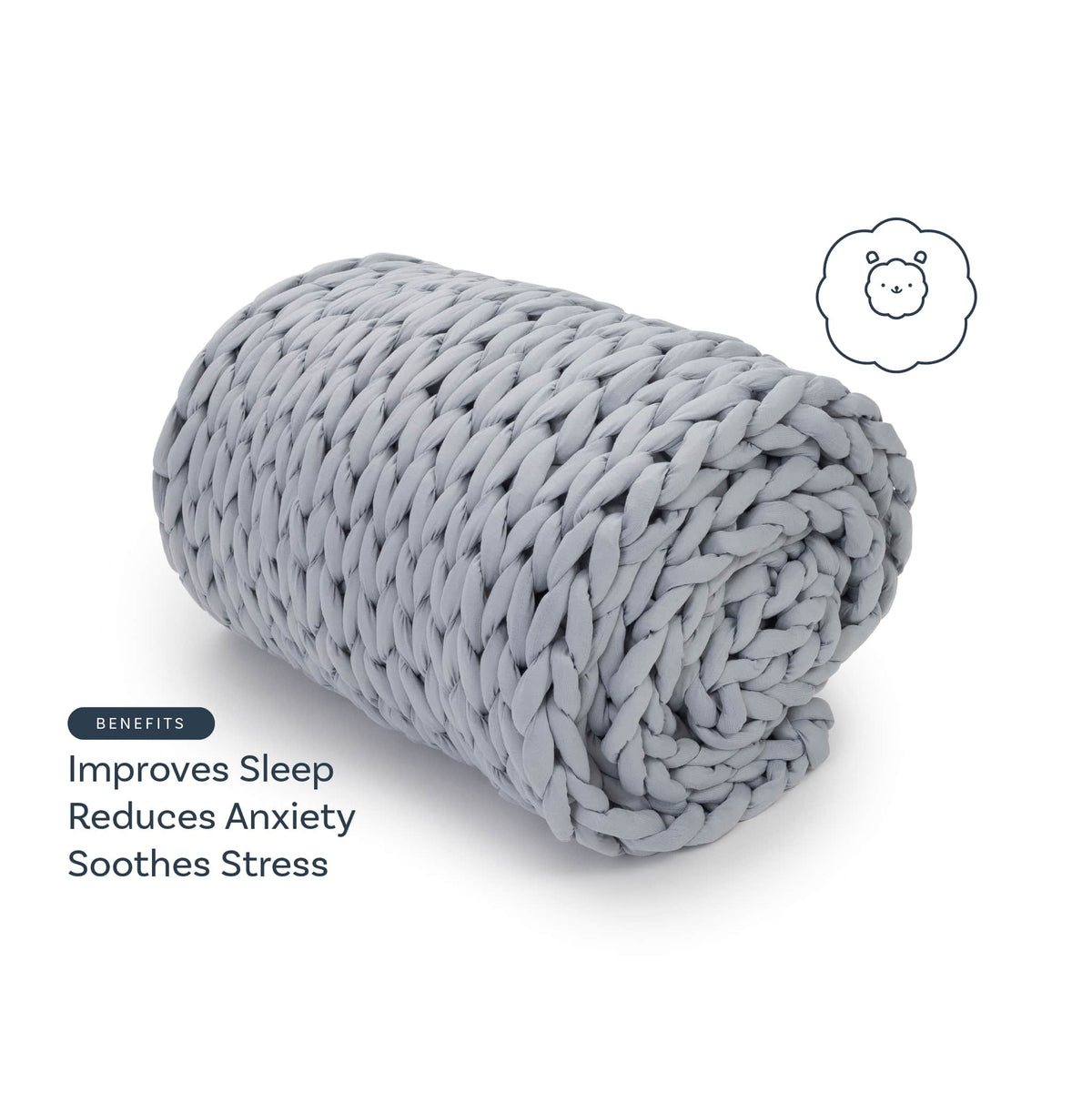 Nuzzie knit weighted blanket in Misty Grey, benefits graphic