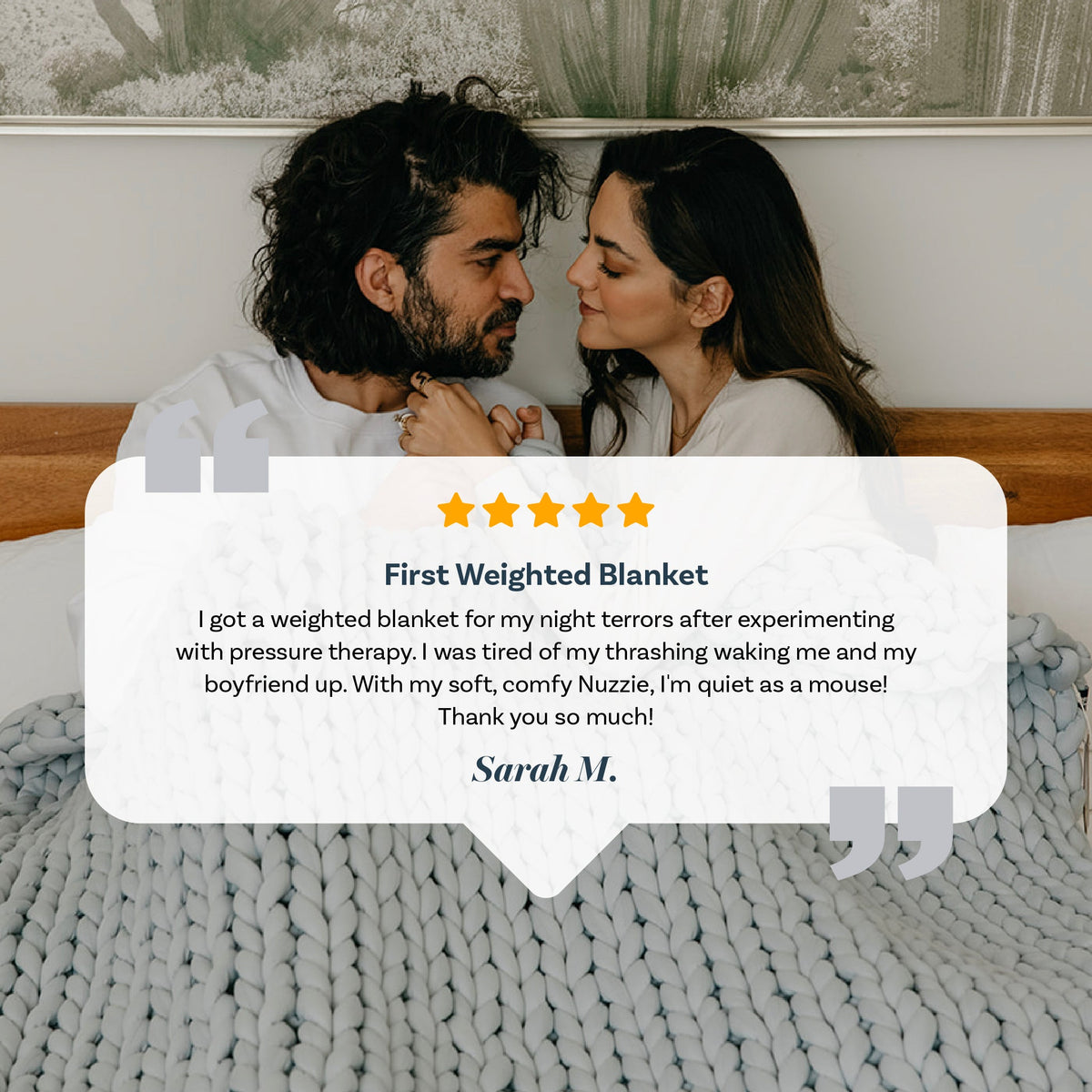 Nuzzie knit weighted blanket in Misty Grey, customer testimonial graphic
