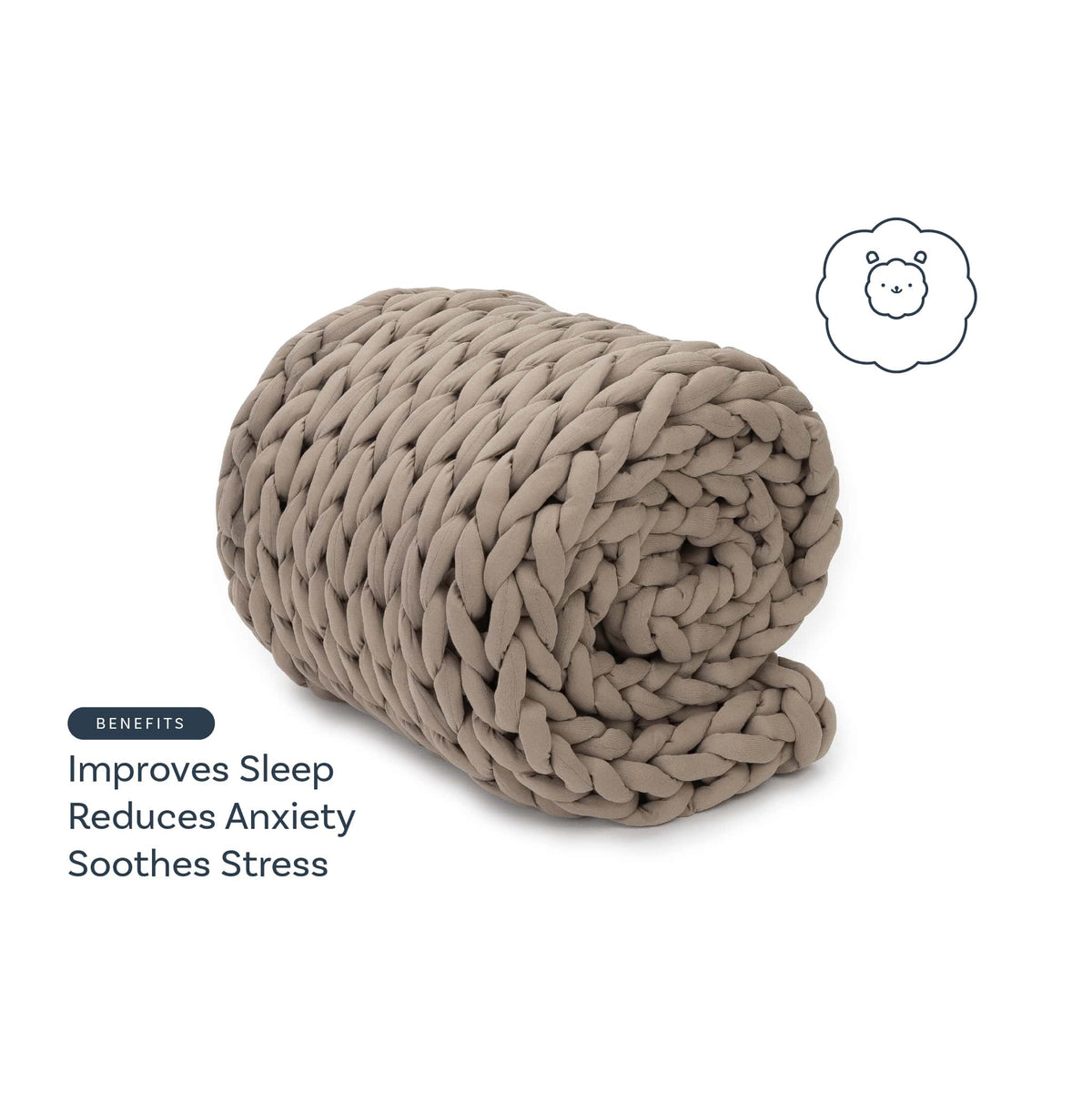 Nuzzie knit weighted blanket in Taupe, benefits graphic