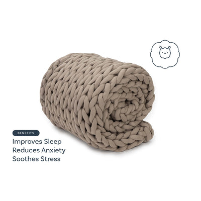 Nuzzie knit weighted blanket in Taupe, benefits graphic