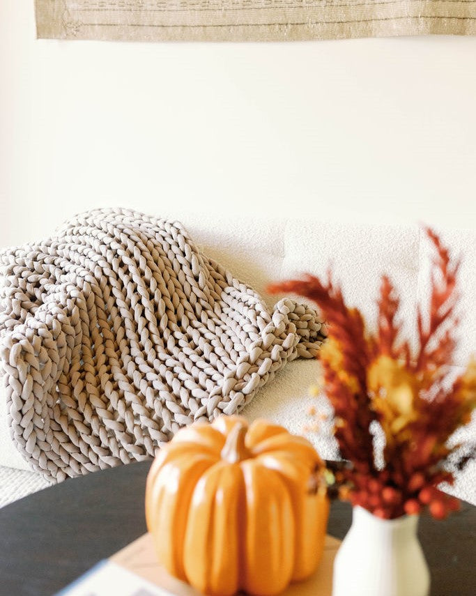 Nuzzie knit weighted blanket in Taupe, styled in a room