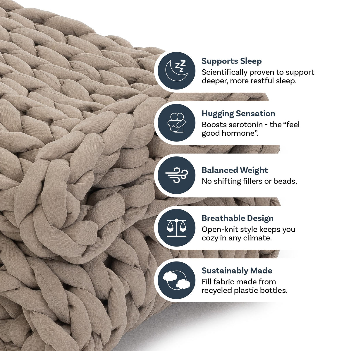 Nuzzie knit weighted blanket in Taupe, features graphic
