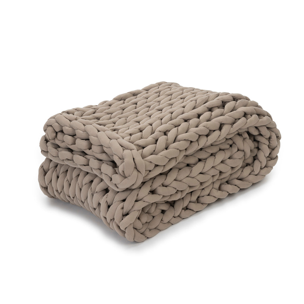 Nuzzie knit weighted blanket in Taupe, folded