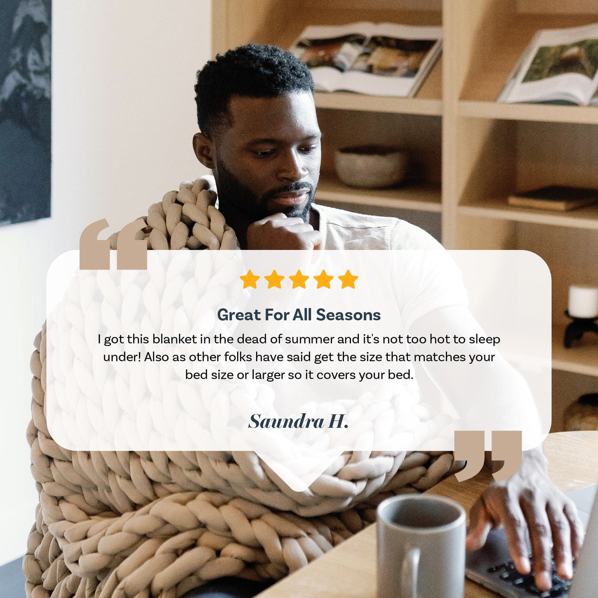 Nuzzie knit weighted blanket in Taupe, customer testimonial graphic