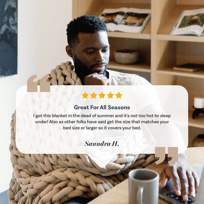Nuzzie knit weighted blanket in Taupe, customer testimonial graphic