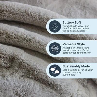 Nuzzie Snuggle Luxe earl grey chunky blanket draped across cozy bedroom bed