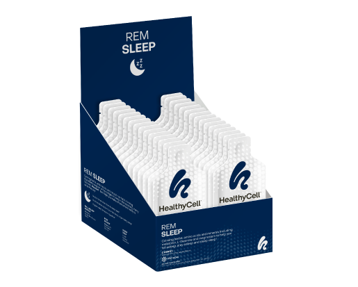 Opened 30-pack box displaying HealthyCell REM Sleep MicroGel daily supplement sachets