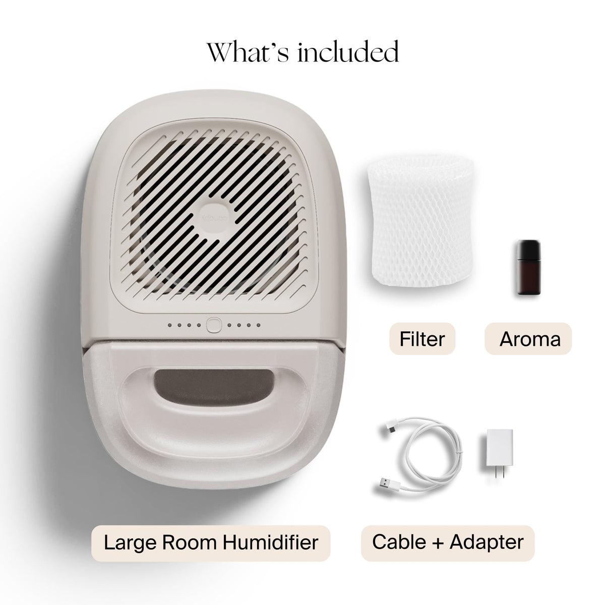 Overview diagram showing parts, power adapter, and filter included with Canopy large humidifier