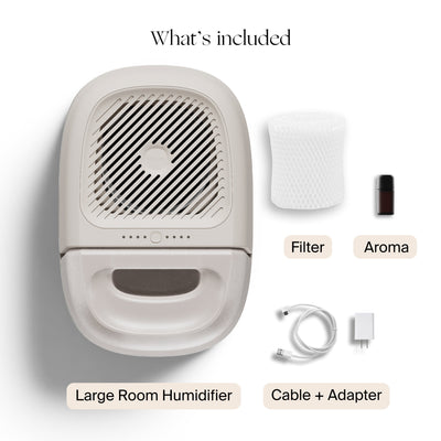 Overview diagram showing parts, power adapter, and filter included with Canopy large humidifier