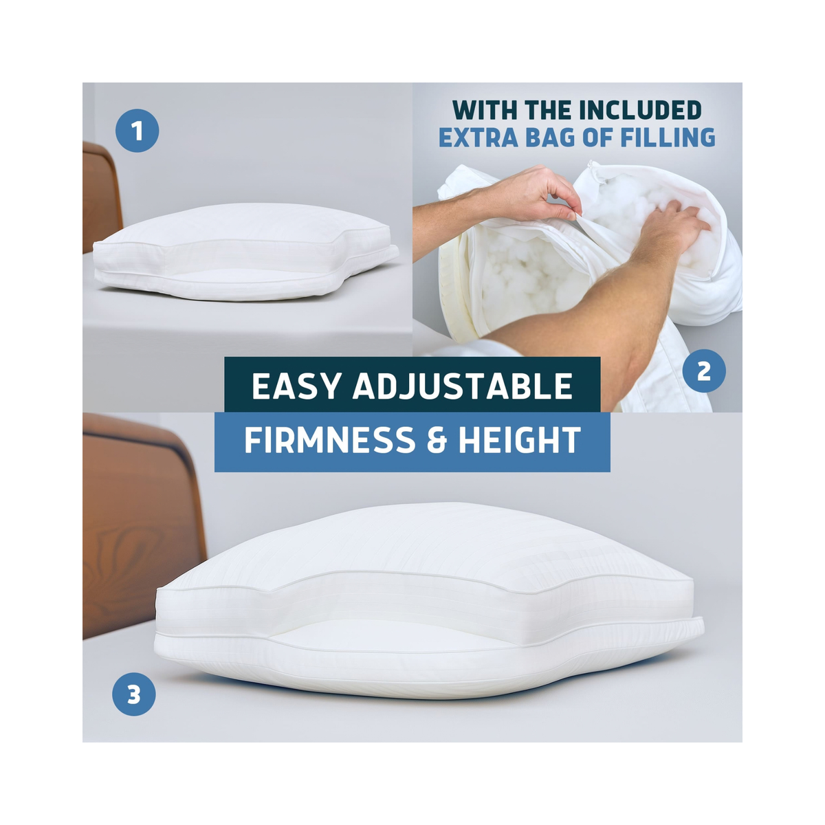 A promotional product graphic for a white adjustable pillow. The layout shows three numbered views: a plain pillow at top left, a hand adjusting white filling inside the pillow at top right with text 'WITH THE INCLUDED EXTRA BAG OF FILLING', and the pillow assembled at bottom.