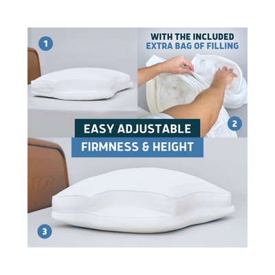 A promotional product graphic for a white adjustable pillow. The layout shows three numbered views: a plain pillow at top left, a hand adjusting white filling inside the pillow at top right with text 'WITH THE INCLUDED EXTRA BAG OF FILLING', and the pillow assembled at bottom.
