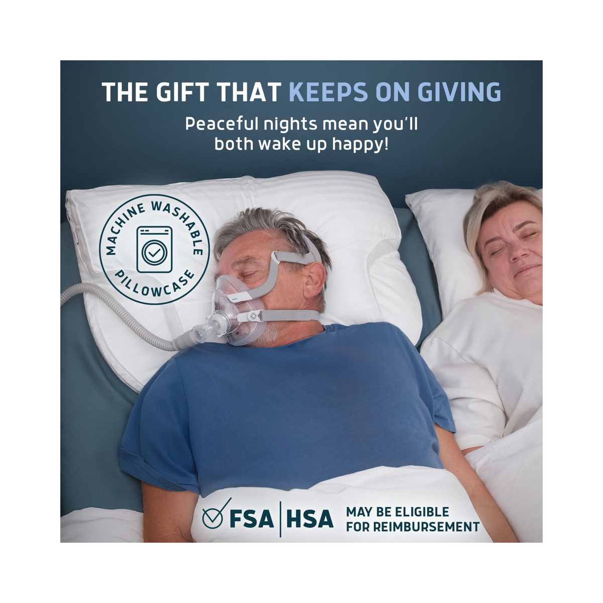 A square promotional graphic for a pillowcase. The top portion contains marketing text on a dark blue background, while the bottom shows a lifestyle photo of two people sleeping peacefully in bed, with one wearing a machine washable pillowcase.