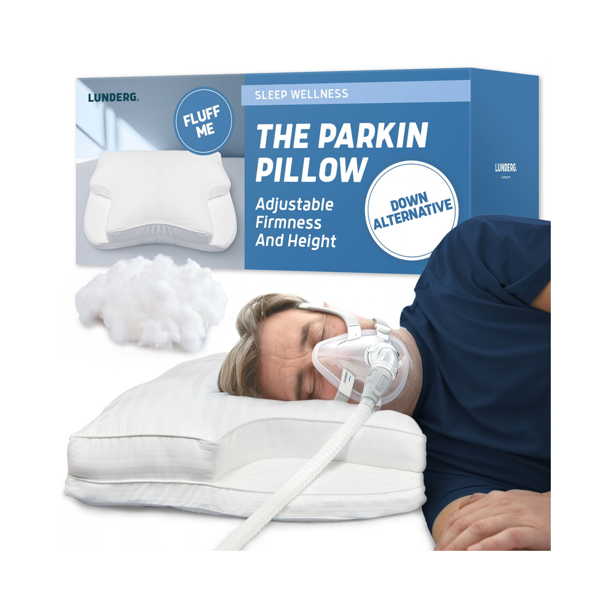 Lunderg The Parkinson Pillow product packaging and a demonstration photo of a man sleeping peacefully on the adjustable white pillow with a breathing tube, with loose white filling material shown in front.