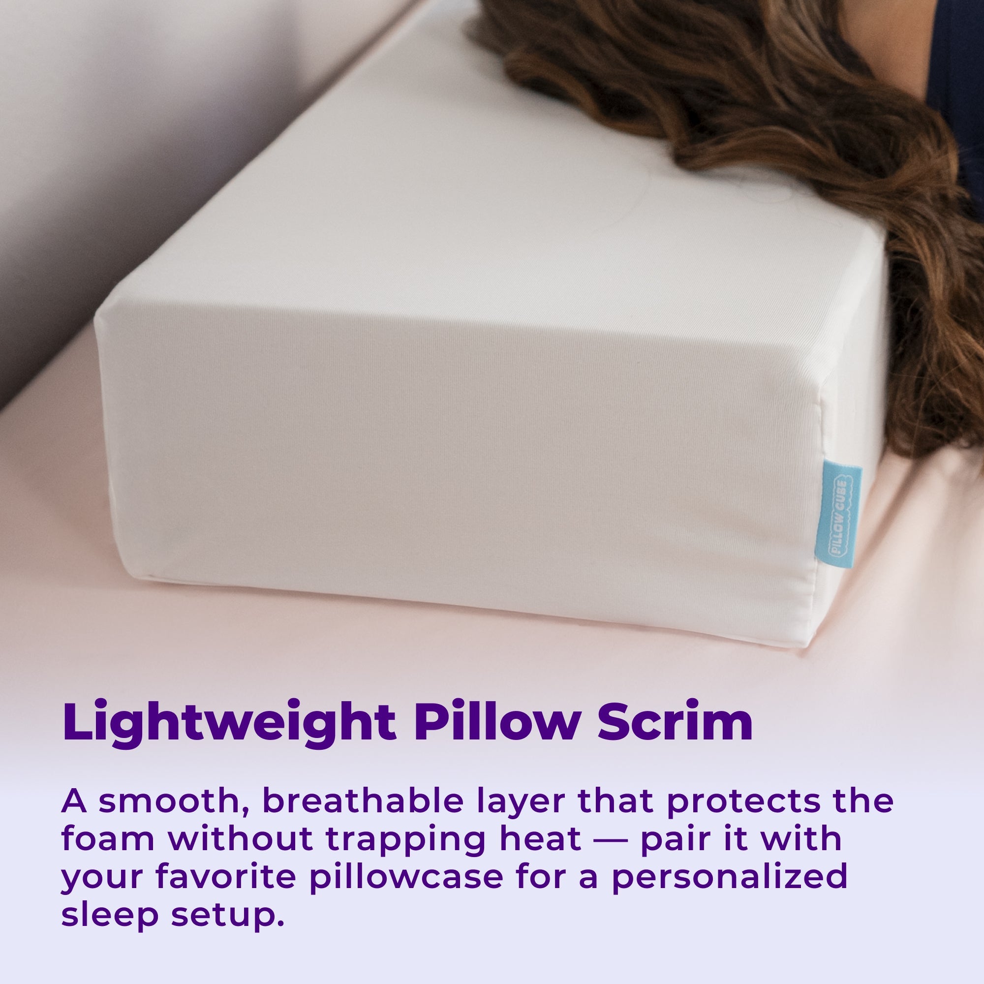 Pillow Cube : Side Cube Original - Lightweight pillow scrim on a pillow with text describing its features