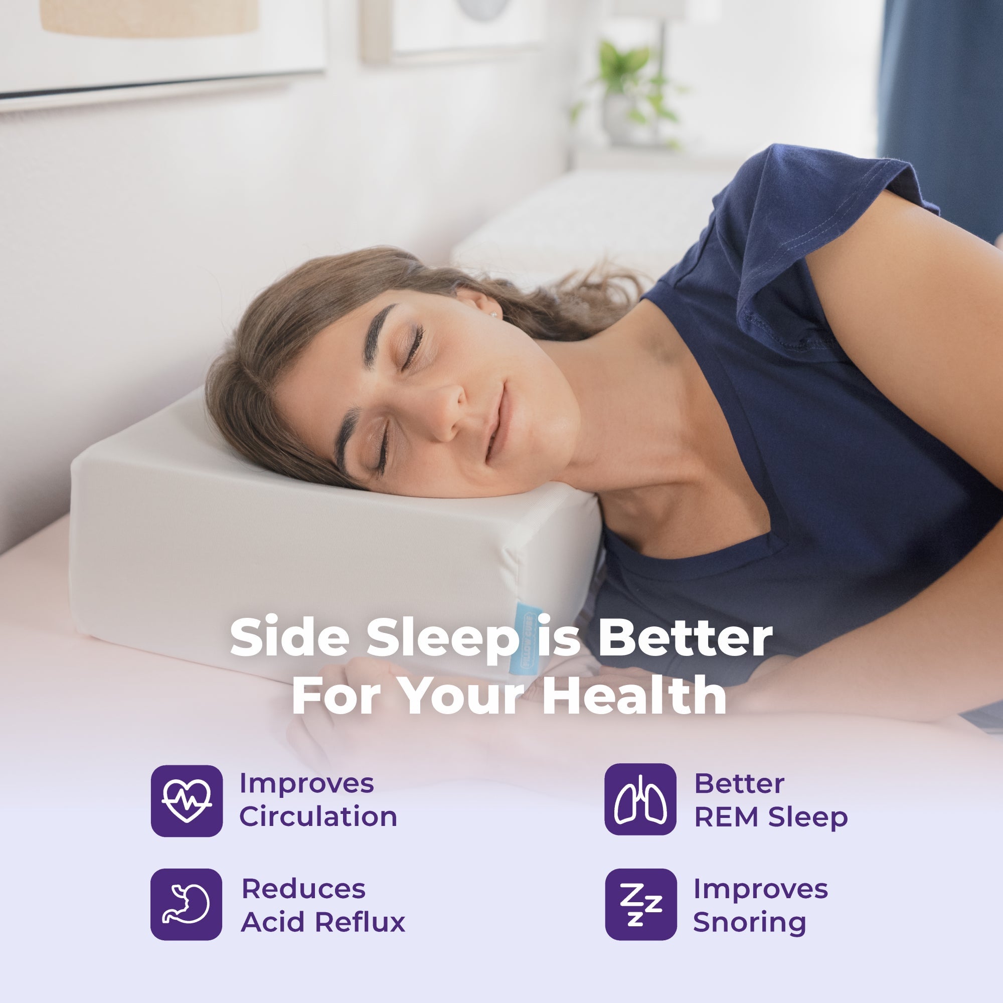 Pillow Cube : Side Cube Original - Woman sleeping on a side sleep pillow with health benefits text overlay